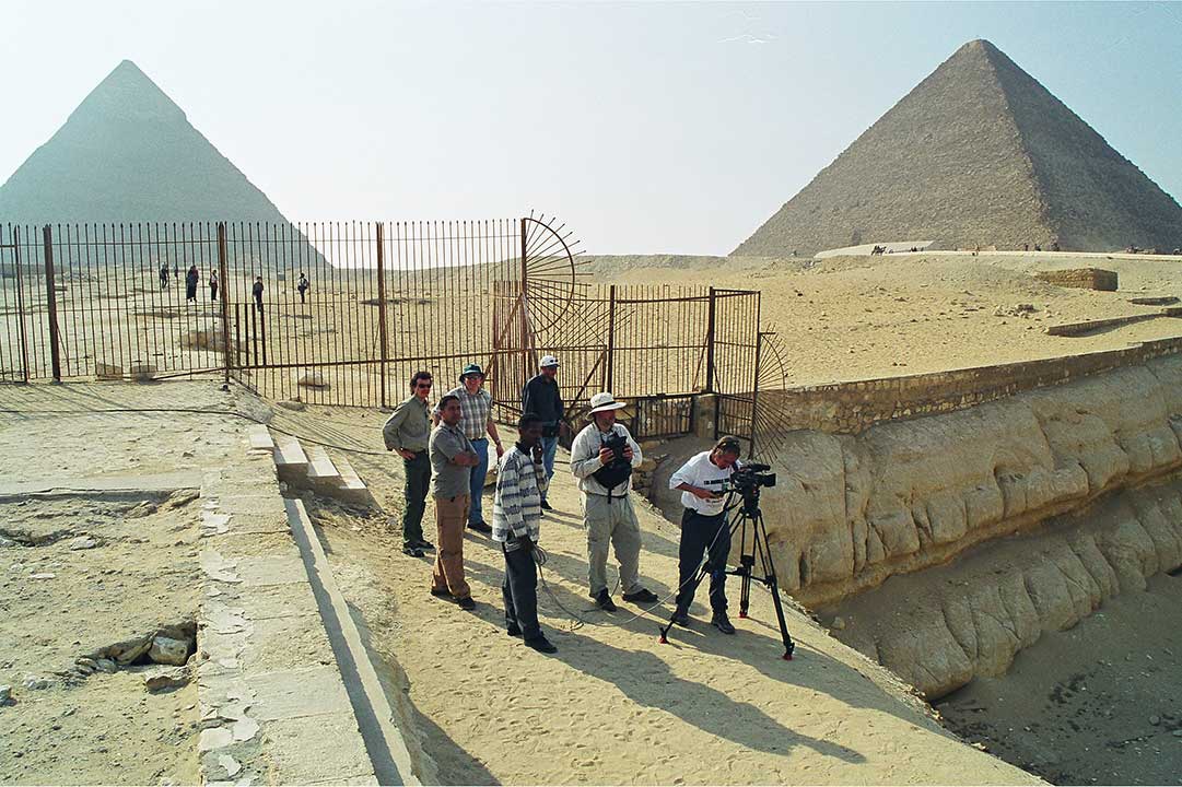 Filmmaker Timothy Mahoney and crew filming on the Giza Plateau near Cairo, Egypt